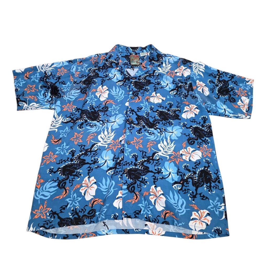 Pineapple Connection Dragon Hibiscus Hawaiian Shirt Large Blue Rayon Tribal Surf